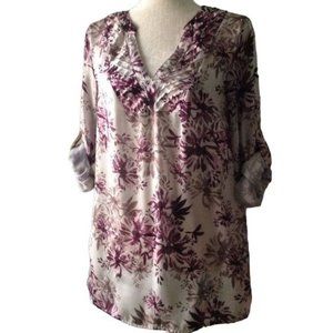 Avon Pleated V Neck Silky Tunic Top S White Floral Pockets Roll Tab Sleeves
